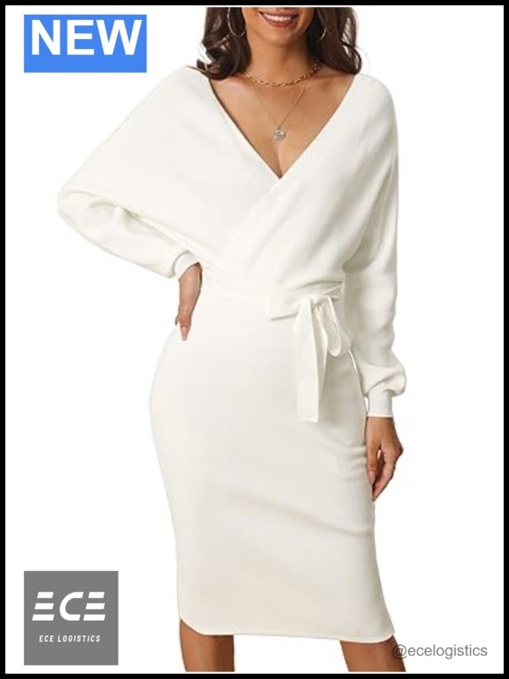 Ribbed Knit V Neck Sweater Dress Batwing Sleeve Wrap Backless Midi with Belt